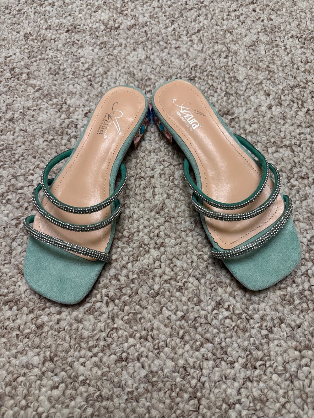 Azure Green Crystal-Strap leather Slide Sandals